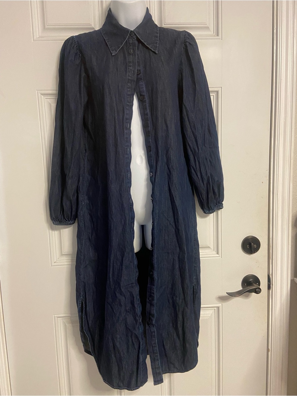 T44- ANN TAYLOR Dark Wash Pointed Collar COTTON Chambray Midi Shirt Dress